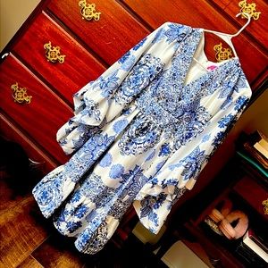 NWT Betsey Johnson.White with blue design tie behind belt.Bell sleeves, size 2.